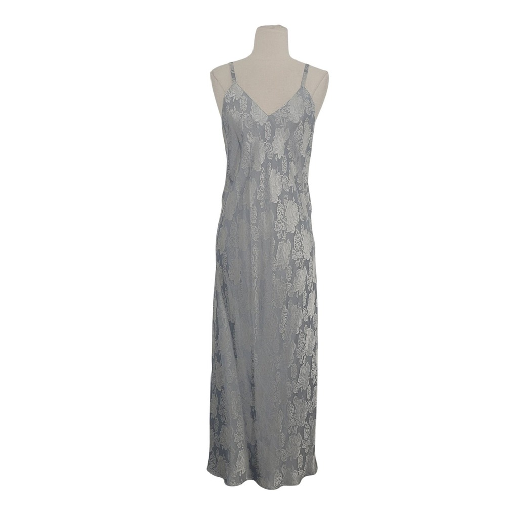 Vintage Natori‎ Brocade Floral Midi Slip Dress Sz S Silver Gray Romantic Wedding